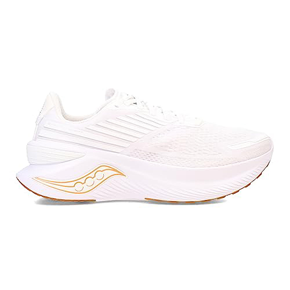 The Saucony Endorphin Shift 3 Running Shoe - Mens features a white design with a thick sole, gold wave detail, and subtle textures. Shown in profile against a plain background, it includes PWRRUN foam for comfort.