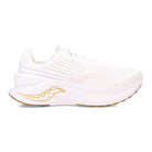 The Saucony Endorphin Shift 3 Running Shoe - Mens features a white design with a thick sole, gold wave detail, and subtle textures. Shown in profile against a plain background, it includes PWRRUN foam for comfort.