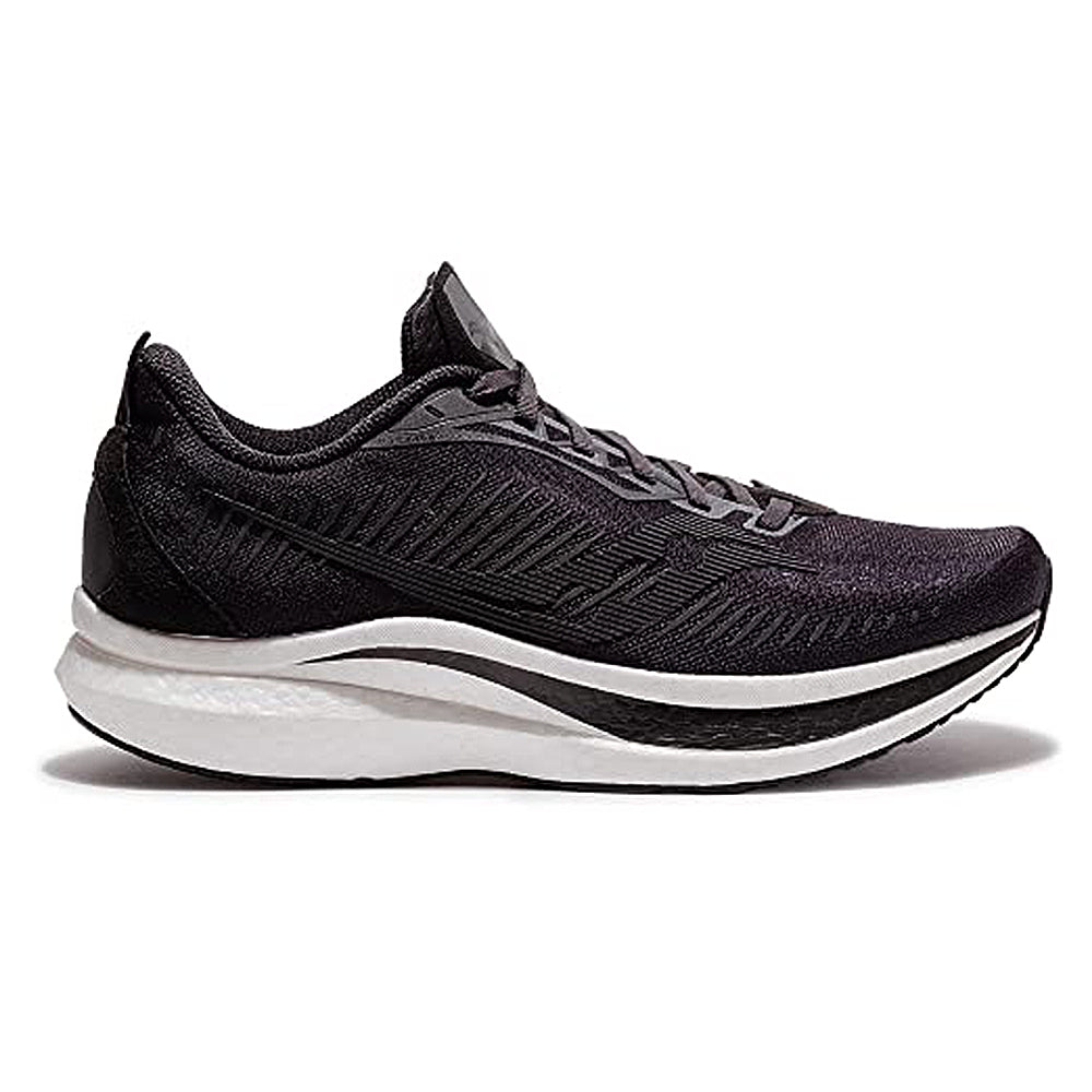 The Saucony Endorphin Speed 2 Mens running shoe features a black synthetic mesh upper, white and black cushioned sole with SPEEDROLL technology, and a sleek design, displayed in side profile on a white background.
