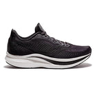 The Saucony Endorphin Speed 2 Mens running shoe features a black synthetic mesh upper, white and black cushioned sole with SPEEDROLL technology, and a sleek design, displayed in side profile on a white background.