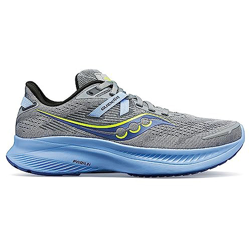 The Saucony Guide 16 Running Shoe - Womens features a gray mesh upper, blue midsole, yellow accents, and black outsole for cushioned support. It displays the Saucony logo and GUIDE 16 text on the side.
