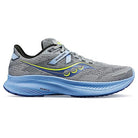 The Saucony Guide 16 Running Shoe - Womens features a gray mesh upper, blue midsole, yellow accents, and black outsole for cushioned support. It displays the Saucony logo and GUIDE 16 text on the side.