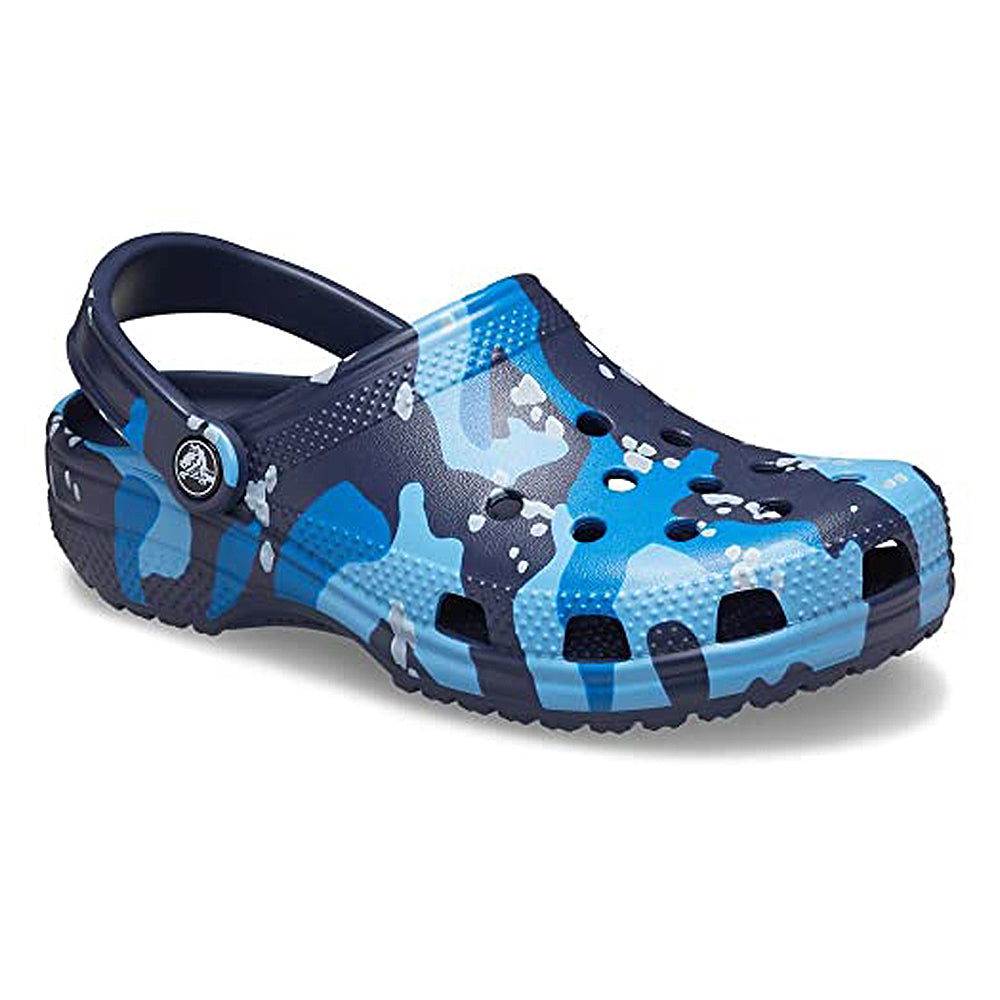 The Crocs Classic Camo Clog - Unisex features a blue camo pattern, ventilation holes, and an adjustable heel strap—comfortable slip-on water shoes perfect for any adventure, shown on a white background.