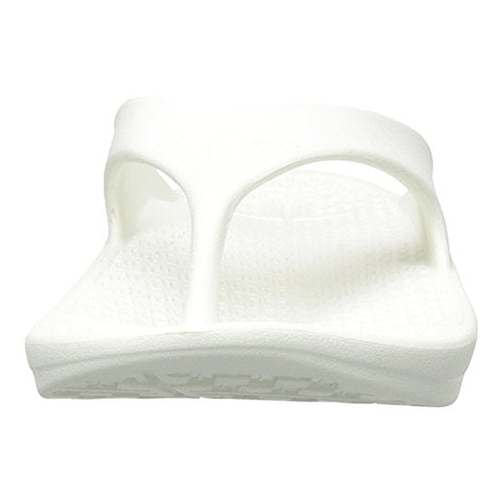 The Telic Footwear Energy Flip Flop - Unisex features a thick sole, open toe, two arching straps, pillow-soft cushioning, and a textured footbed in a crisp white design.