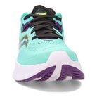The Saucony Guide 15 - Womens is a teal athletic running shoe with black laces, purple and yellow accents, and a thick white sole with purple tread. These lightweight sneakers provide cushioned support for every step.