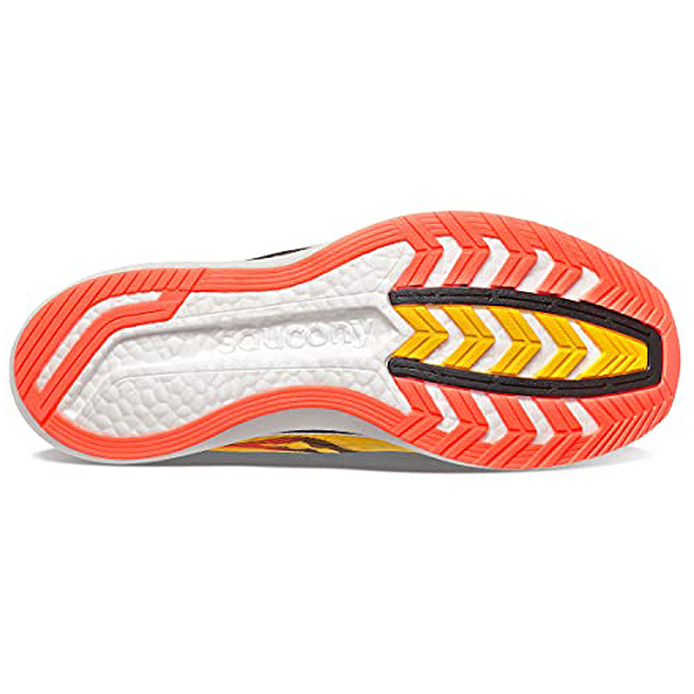 The image shows the sole of the Saucony Endorphin Speed 2 Running Shoe - Mens with red-orange edges, a white midsection featuring Saucony branding, and yellow and black chevron-like details at the center.