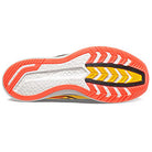 The image shows the sole of the Saucony Endorphin Speed 2 Running Shoe - Mens with red-orange edges, a white midsection featuring Saucony branding, and yellow and black chevron-like details at the center.
