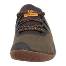 Front view of the Merrell Vapor Glove 5 - Men: a minimalist barefoot shoe with recycled materials, brown textured sole, olive green and black mesh upper, orange and black laces, and a Vapor Glove 5 label near the tongue.