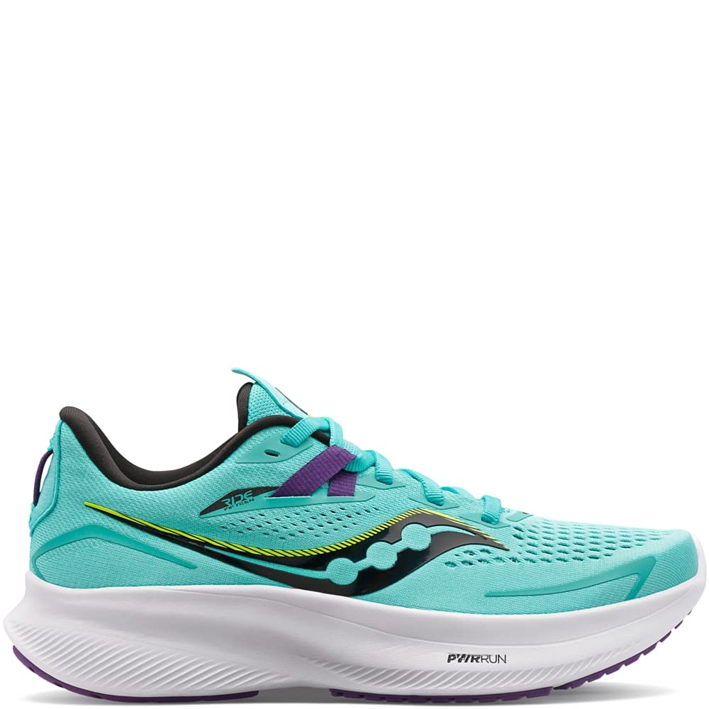 The Saucony Ride 15 - Womens running shoe features a turquoise mesh upper with black, yellow, and purple accents, lace-up closure, and a white sole with PWRRUN cushioning, shown from the side.