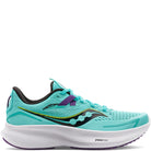 The Saucony Ride 15 - Womens running shoe features a turquoise mesh upper with black, yellow, and purple accents, lace-up closure, and a white sole with PWRRUN cushioning, shown from the side.