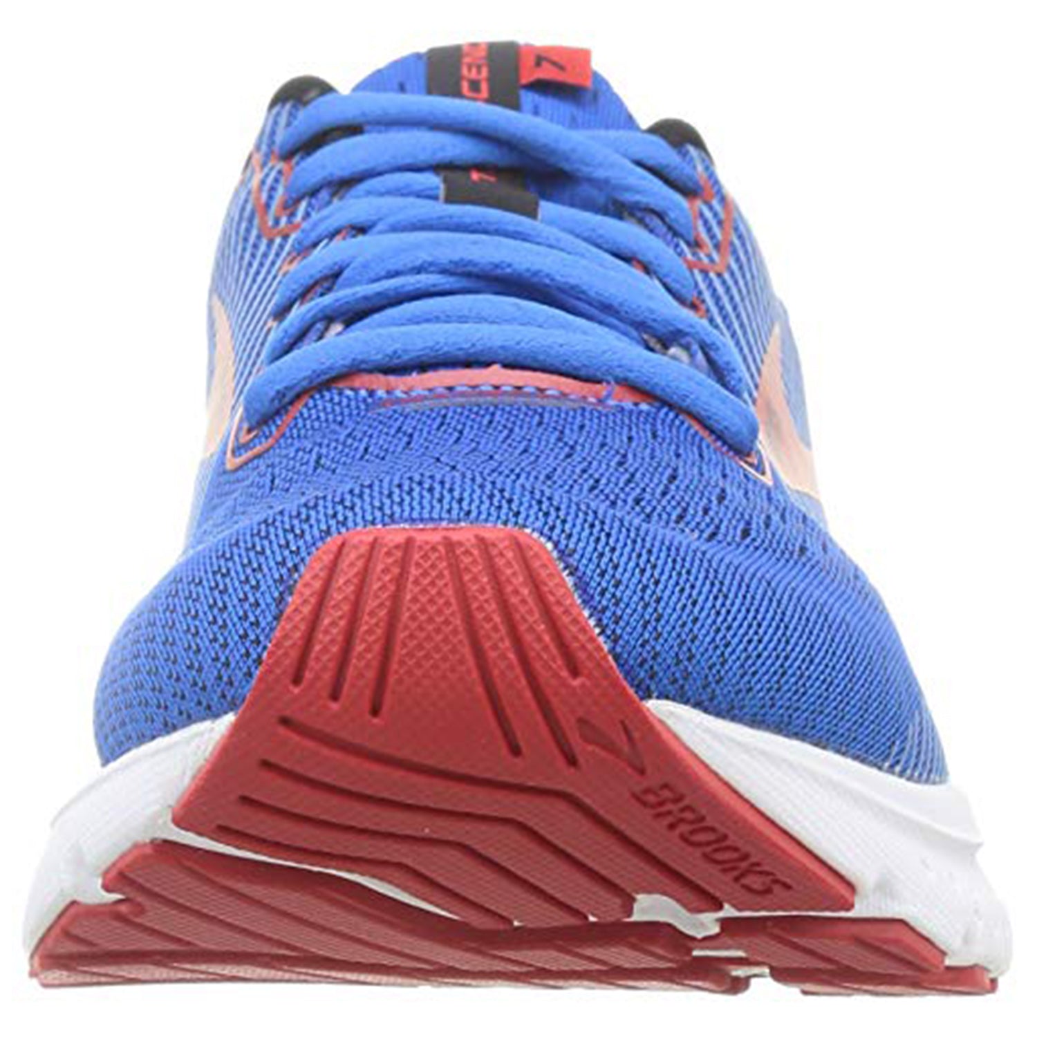 Front view of the Brooks Transcend 7 - Men in blue, featuring plush fit, cushioned support, blue laces, a red and white sole, and the Brooks brand name displayed on the red tread.
