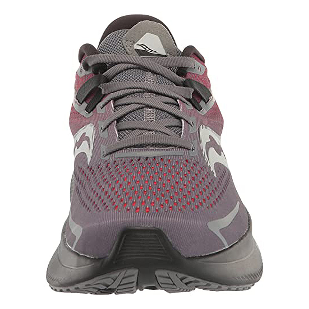 A front view of the Saucony Ride 15 - Men running shoe in gray and maroon, featuring a mesh upper, laces, patterned sole, and light gray accents. Designed for comfort and performance.