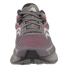 A front view of the Saucony Ride 15 - Men running shoe in gray and maroon, featuring a mesh upper, laces, patterned sole, and light gray accents. Designed for comfort and performance.