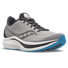 The Saucony Endorphin Speed 2 Running Shoe for men is shown at an angle in gray with black and white accents, a thick white SPEEDROLL sole with blue outsole, and a black Saucony logo on the side.