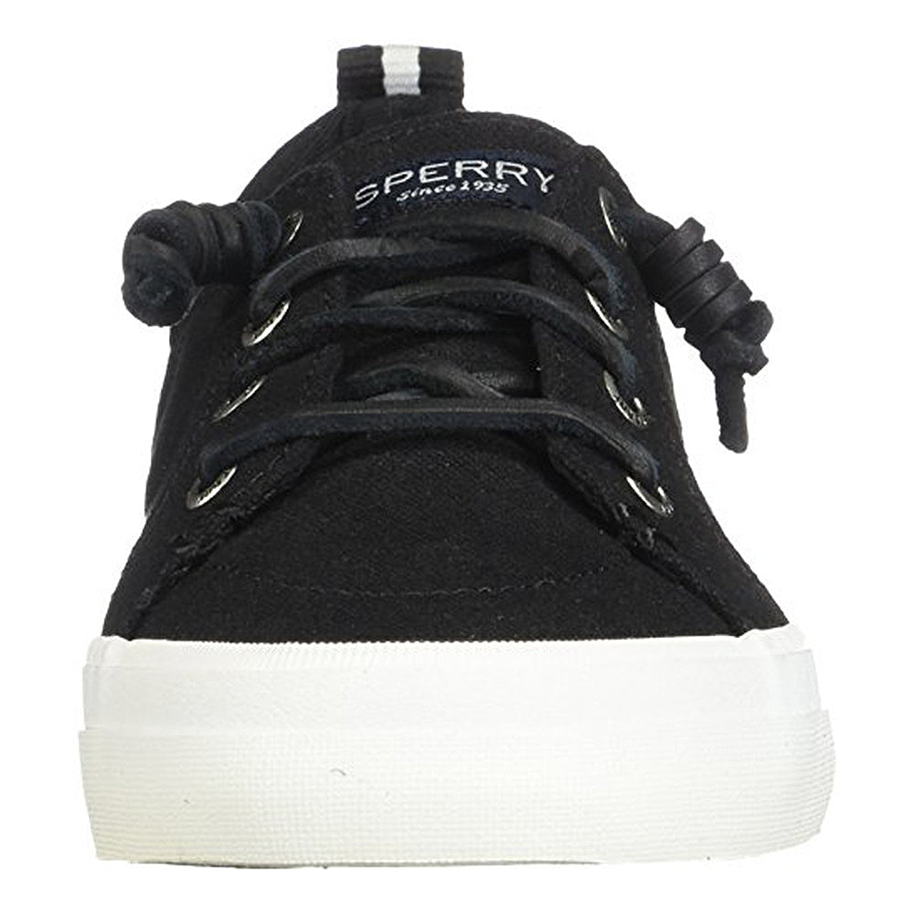 Front view of black Sperry Crest Vibe - Womens sneaker with black laces and a white rubber sole. SPERRY branding appears on the tongue, and it offers reliable arch support for all-day comfort.