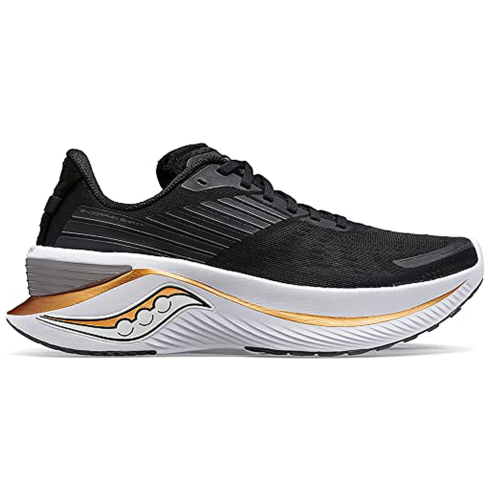 The Saucony Endorphin Shift 3 - Men is a black athletic running shoe with white, gold, and black midsole details, a sleek design, and a thick PWRRUN foam sole for cushioned comfort and innovation.