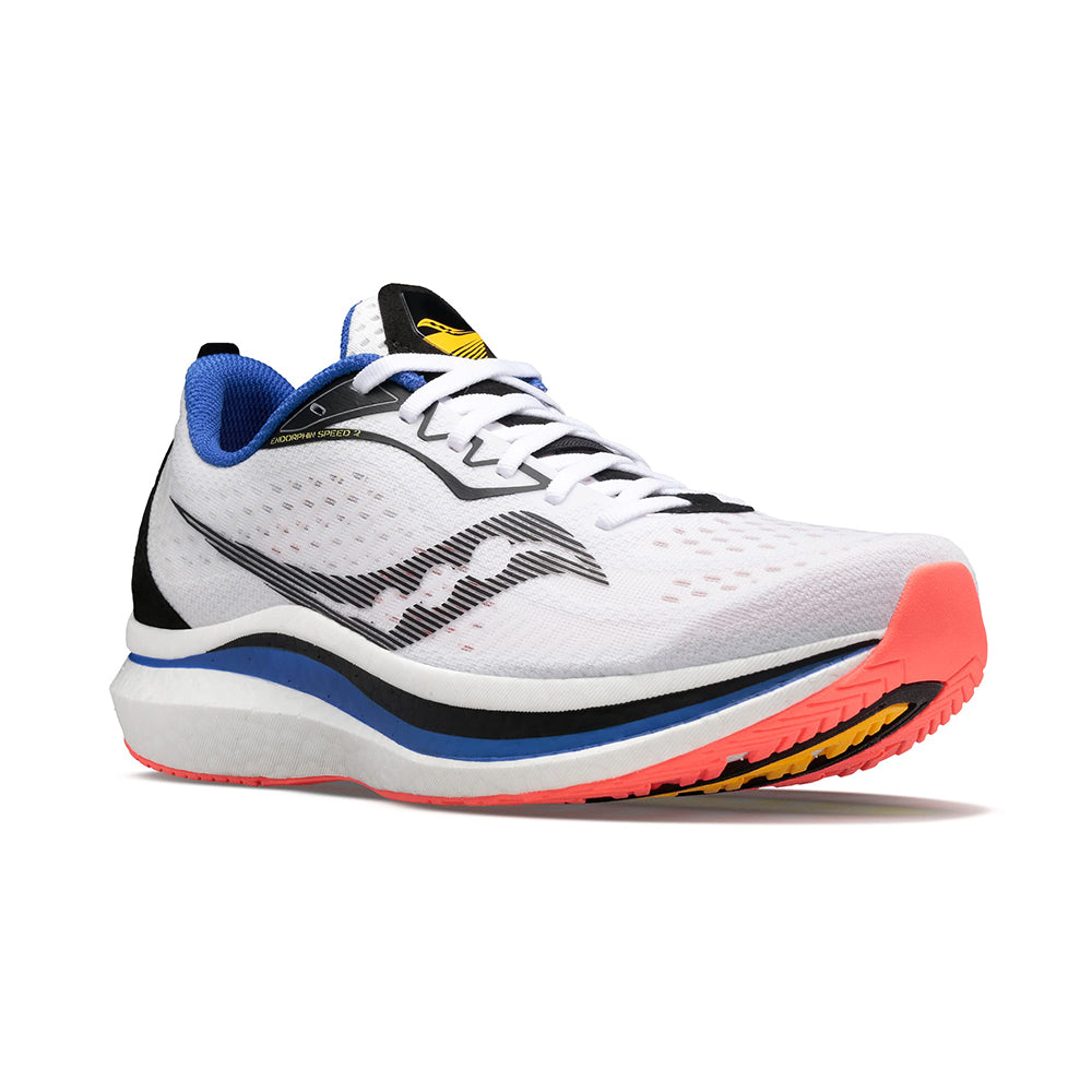 The Saucony Endorphin Speed 2 Running Shoe for men features a white mesh upper with black, blue, and coral details, black and silver side logo, blue lining, coral pink outsole with black/yellow accents, and SPEEDROLL technology.