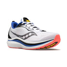 The Saucony Endorphin Speed 2 Running Shoe for men features a white mesh upper with black, blue, and coral details, black and silver side logo, blue lining, coral pink outsole with black/yellow accents, and SPEEDROLL technology.