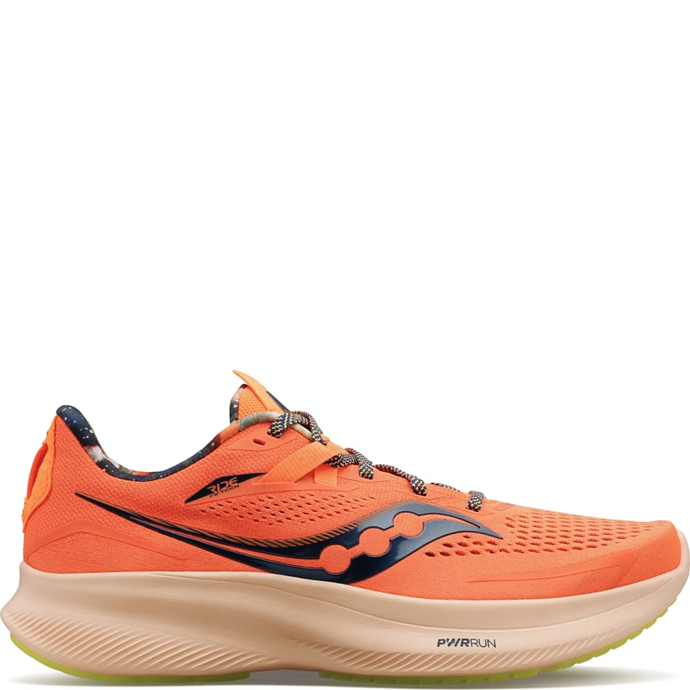 The Saucony Ride 15 - Womens features a breathable orange mesh upper, black and navy logo, patterned laces, thick beige PWRRUN cushioning, and a colorful inner lining for extra style.