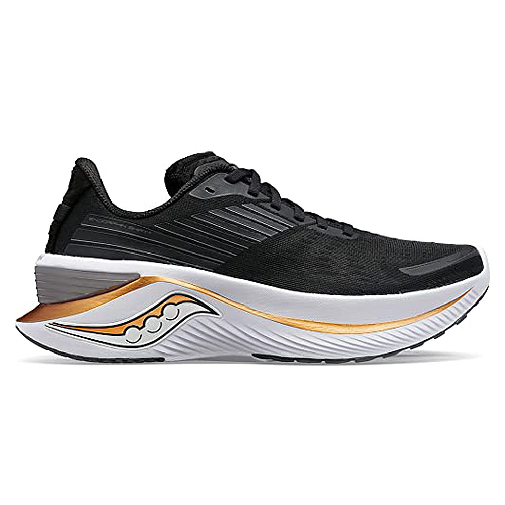 The Saucony Guide 16 Running Shoe - Mens is shown in black with a white and gold wavy midsole, subtle side logo, and cushioned comfort, all displayed on a plain white background.