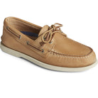 The Sperry A/O 2-EYE LEATHER - Mens is a tan leather boat shoe featuring moccasin-style stitching, brown side-lacing, and a light rubber sole—offering classic Top-Sider style.