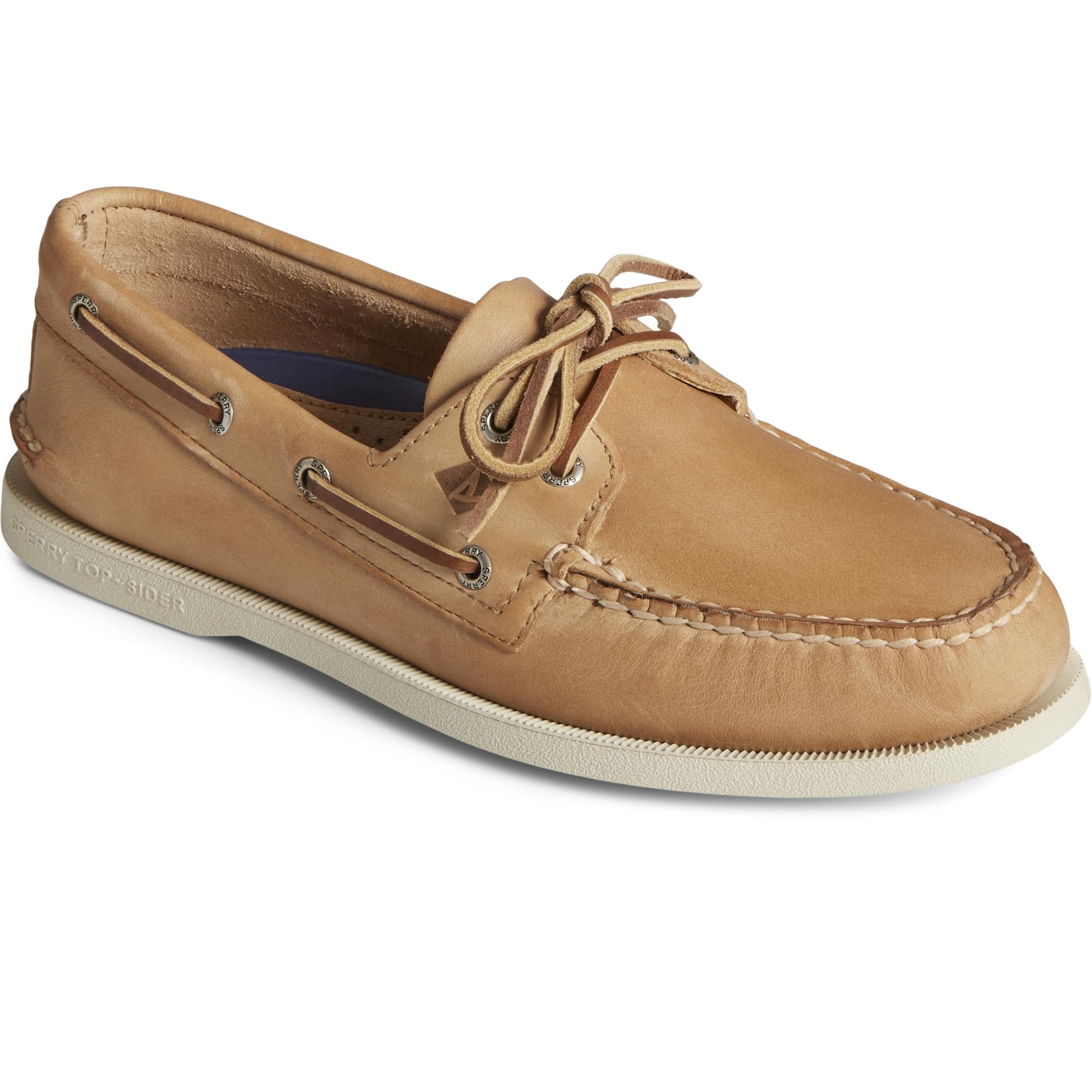 The Sperry A/O 2-EYE LEATHER - Mens is a tan leather boat shoe featuring moccasin-style stitching, brown side-lacing, and a light rubber sole—offering classic Top-Sider style.