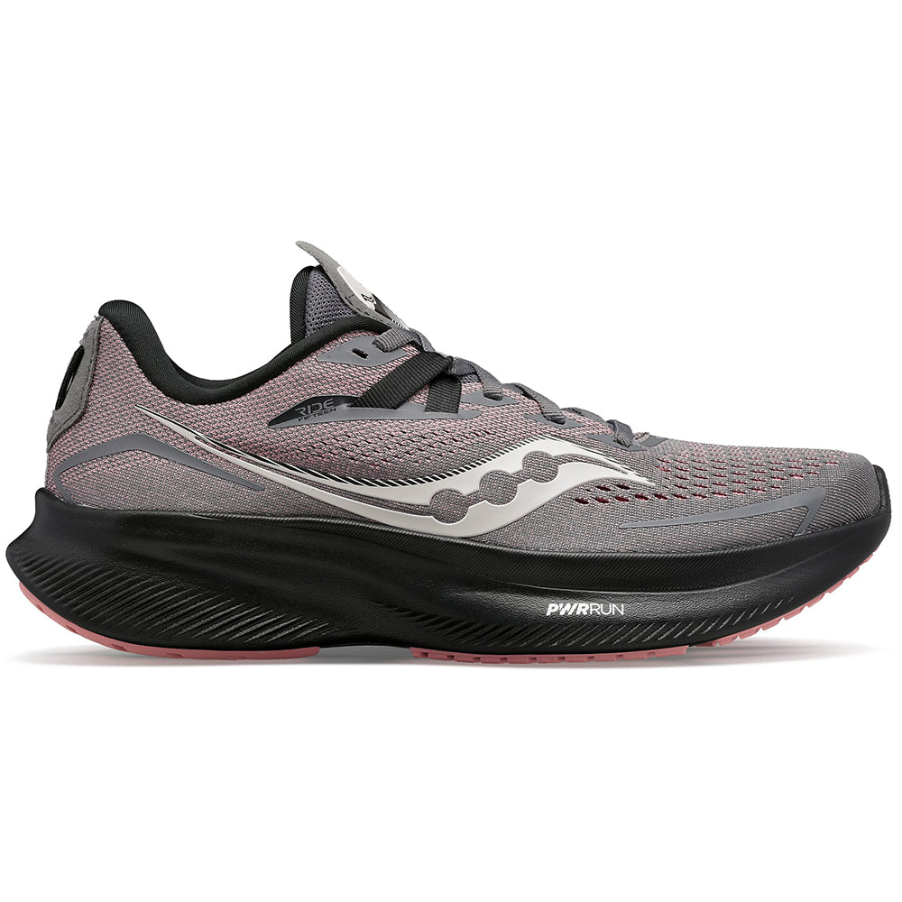 The Saucony Ride 15 - Womens running shoe features a gray and black upper, white wave detail on the side, black sole, “PWRRUN” text by the heel, and delivers comfortable PWRRUN cushioning with every stride.