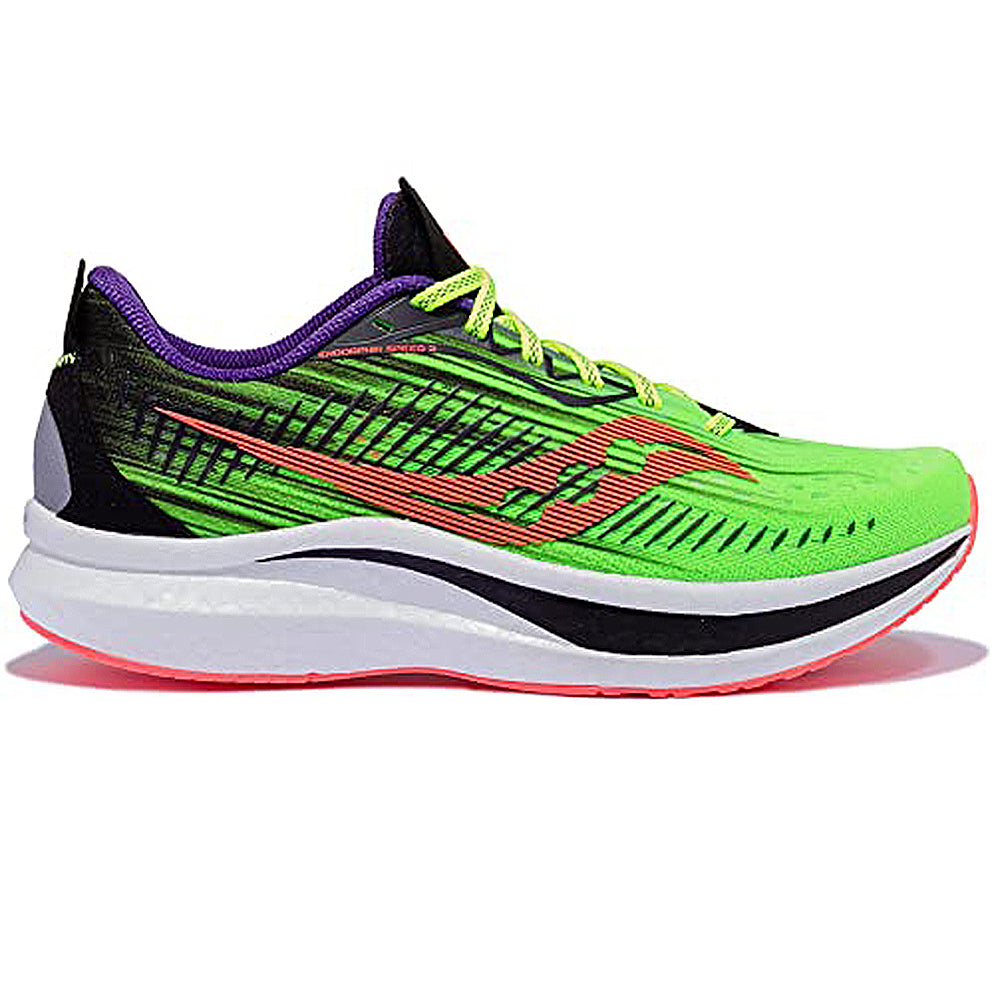 The Saucony Endorphin Speed 2 Running Shoe for men in neon green features purple accents, a white and pink sole, black details, orange elements, and SPEEDROLL technology, shown sideways on a white background.