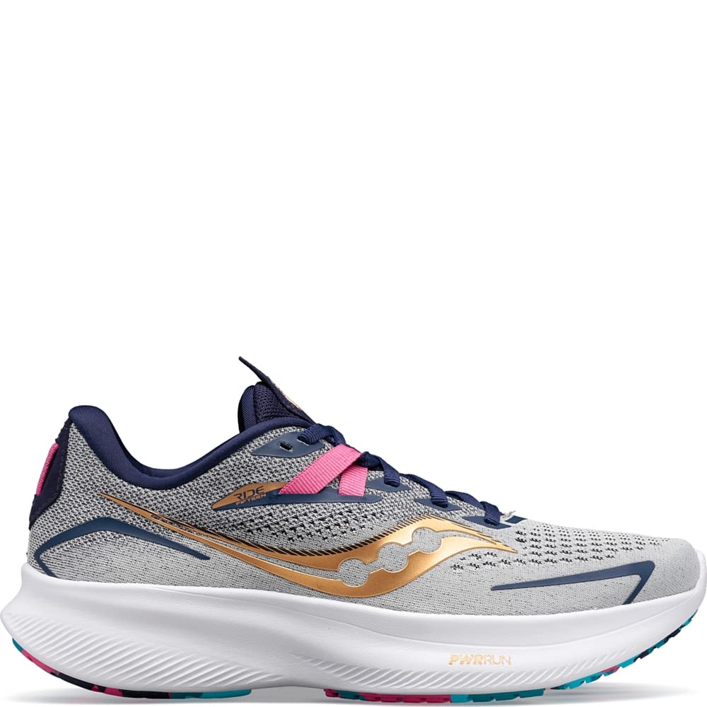 The Saucony Ride 15 - Womens is a gray athletic running shoe with navy, gold, and pink accents, mesh panels for breathability, PWRRUN cushioning in a thick white foam sole, and a wavy gold design along the side.