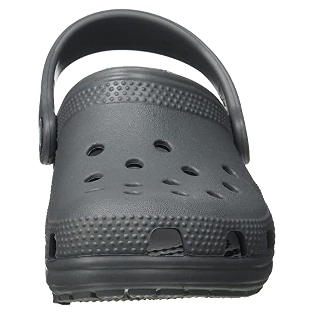 A front view of the Crocs Classic Clog - Kids shows a gray clog-style shoe with ventilation holes and a back strap, echoing the iconic Crocs kids design.