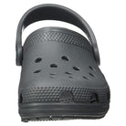 A front view of the Crocs Classic Clog - Kids shows a gray clog-style shoe with ventilation holes and a back strap, echoing the iconic Crocs kids design.