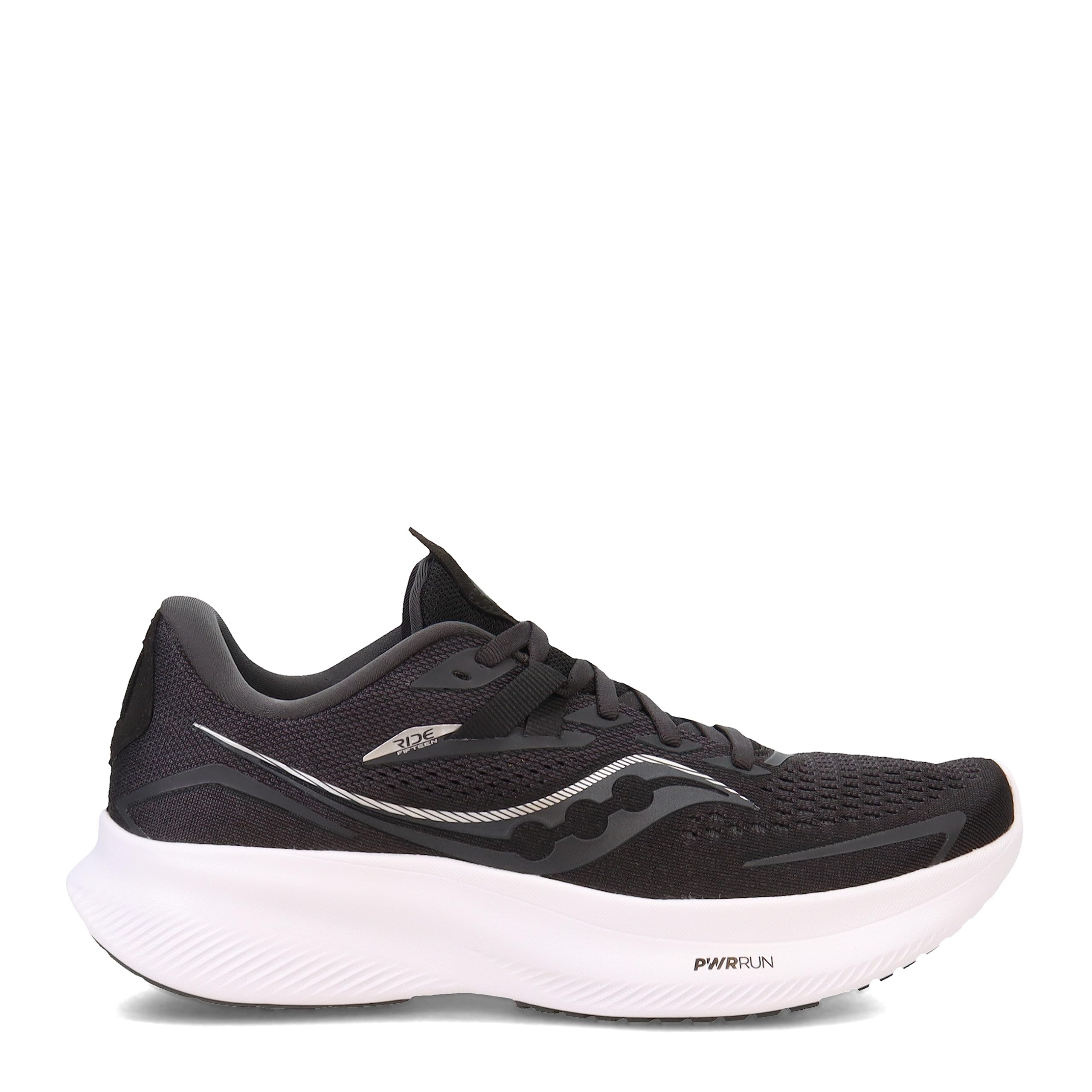 The Saucony Ride 15 - Womens is a black athletic running shoe with a white sole, mesh upper, black laces, PWRRUN cushioning, and silver-black side accents, shown from the left.