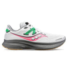The Saucony Guide 16 Running Shoe - Womens features a white mesh upper with pink, green, and black accents, a cushioned low-profile sole in gray and black, and a modern, breathable design for comfortable runs.