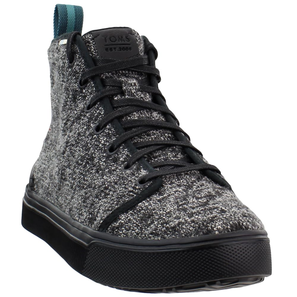 A single gray textured high-top sneaker for women with black laces and sole, TOMS logo on the tongue, teal pull tab at the back—this is the TOMS Alpargata ESP, featuring their buy one give one promise.