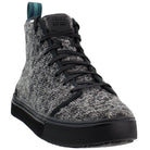 A single gray textured high-top sneaker for women with black laces and sole, TOMS logo on the tongue, teal pull tab at the back—this is the TOMS Alpargata ESP, featuring their buy one give one promise.