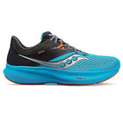 The Saucony Endorphin Shift 3 Running Shoe for men features a blue and black design with orange accents, a silver side logo, and a thick textured blue sole with responsive PWRRUN foam for comfort.