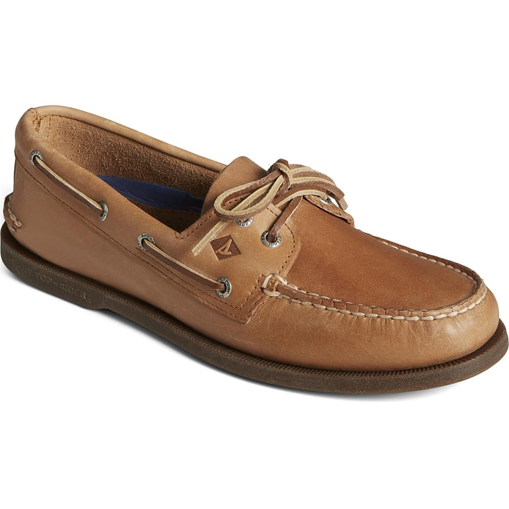 The Sperry A/O 2-Eye Leather - Mens boat shoe features brown laces through metal eyelets, visible toe stitching, and a dark rubber sole.
