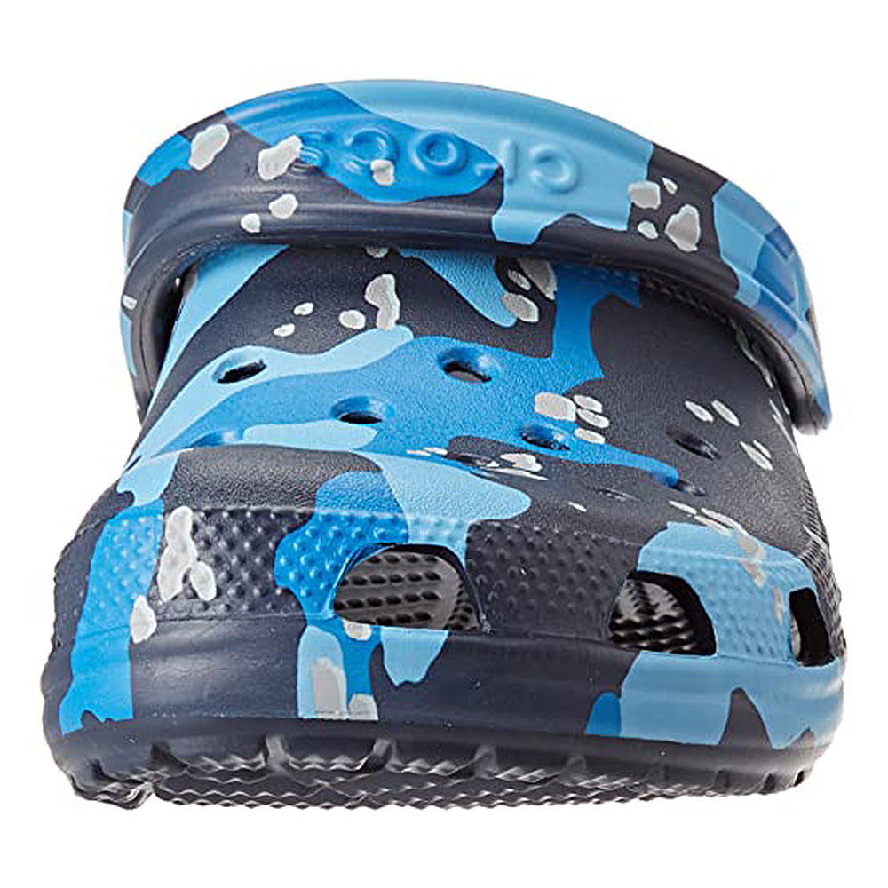 A close-up front view of the Crocs Classic Camo Clog - Unisex, showing its blue and black camo design, ventilation holes, and blue back strap for comfort in water.