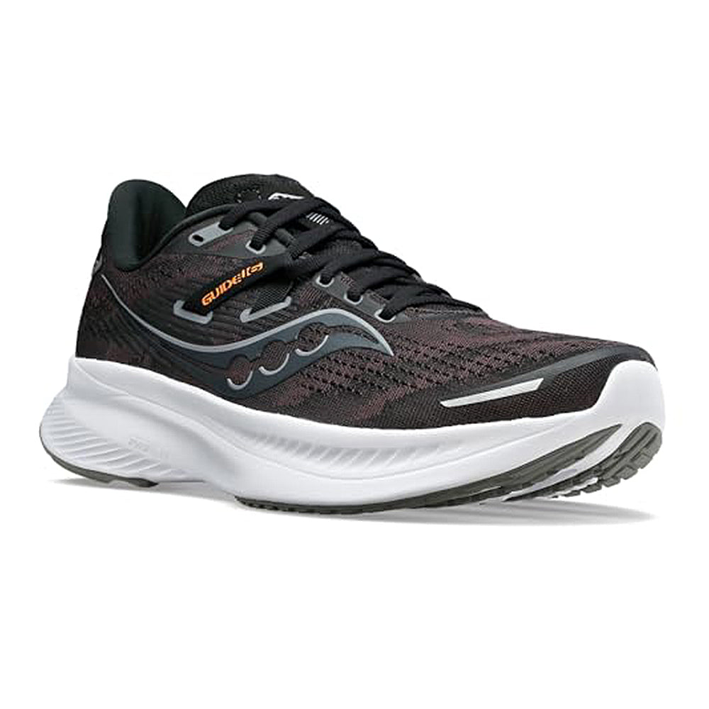 The Saucony Guide 16 Running Shoe - Womens features a black and gray design with cushioned support, a thick white sole, gray accents, and orange GUIDE 16 text on the side; shown from the front left angle.