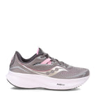 The Saucony Ride 15 - Womens is a gray running shoe with pink accents, a white logo, and a thick white sole. It offers breathable mesh, supportive overlays, and PWRRUN cushioning for comfort and performance.