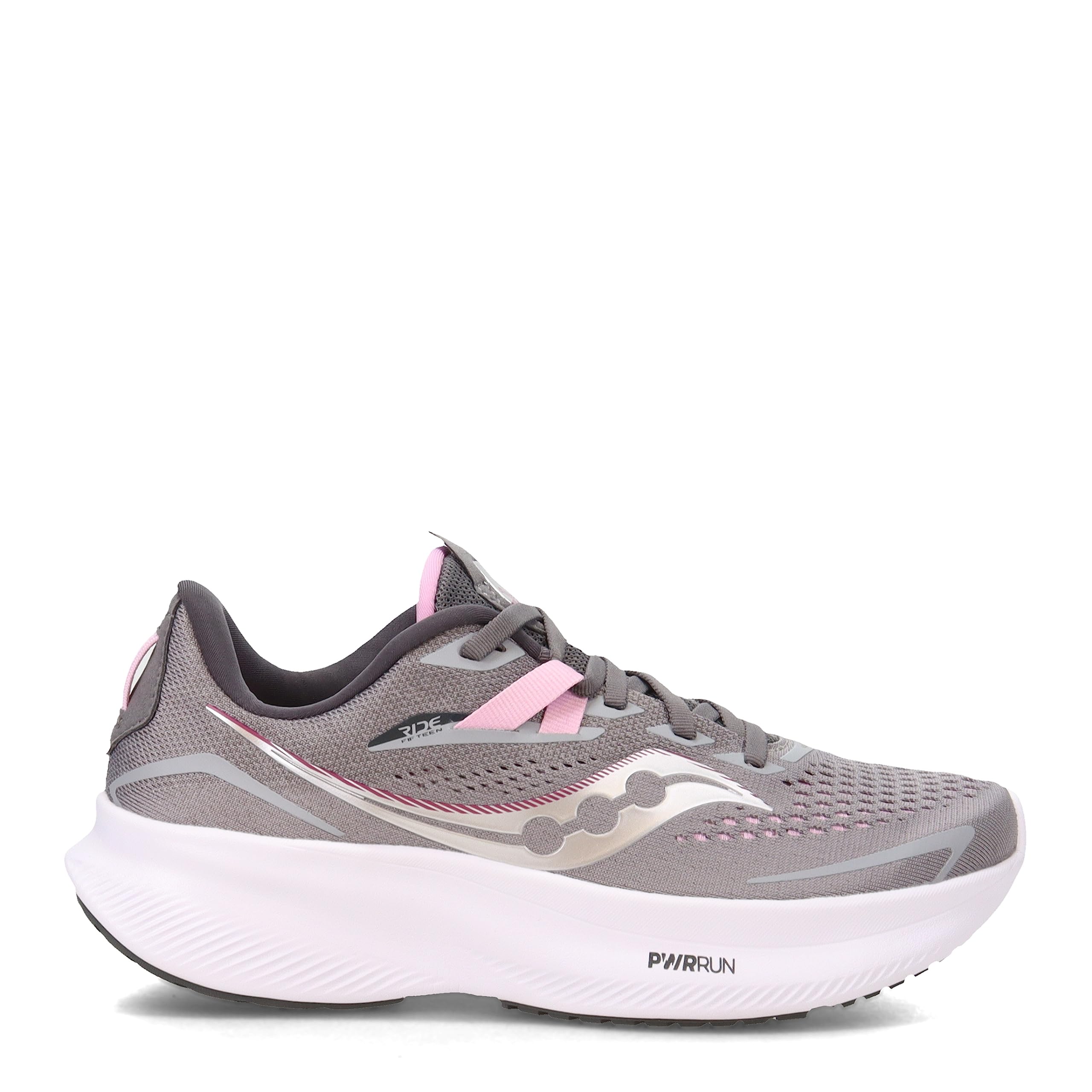 The Saucony Ride 15 - Womens is a gray running shoe with pink accents, a white logo, and a thick white sole. It offers breathable mesh, supportive overlays, and PWRRUN cushioning for comfort and performance.