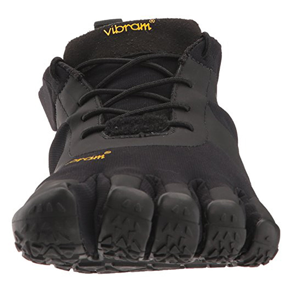 Front view of the Vibram FiveFingers Five Fingers V-Alpha - Men shoe in black, featuring individual toe pockets, a textured Vibram rubber sole for sensory feedback, black laces, and a yellow Vibram logo on the tongue and side.