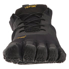 Front view of the Vibram FiveFingers Five Fingers V-Alpha - Men shoe in black, featuring individual toe pockets, a textured Vibram rubber sole for sensory feedback, black laces, and a yellow Vibram logo on the tongue and side.