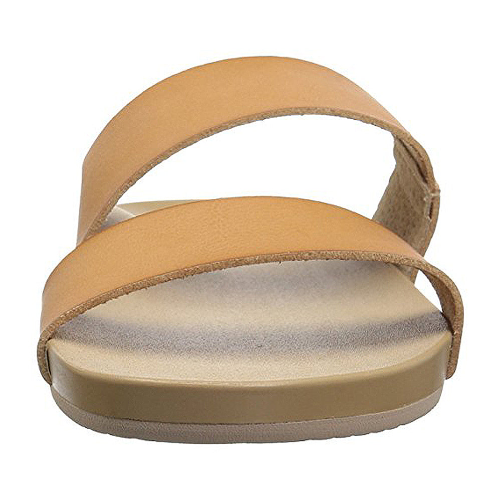 Front view of the Reef Cushion Vista - Womens slide, featuring wide tan vegan leather double straps and an open toe design, displayed on a plain white background.