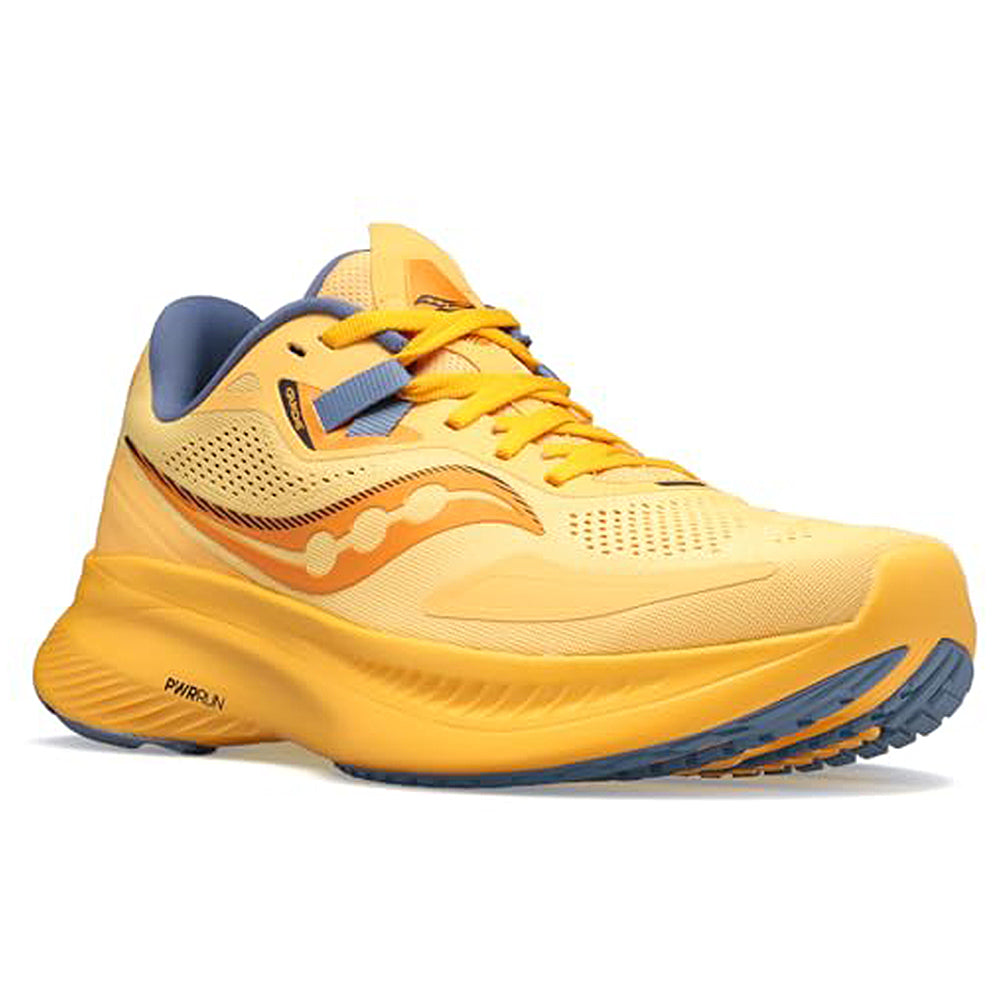 The Saucony Guide 15 - Womens is a yellow running shoe with orange accents, blue lining, and blue sole detail. It features lightweight mesh uppers, cushioned thick sole support, and a secure lace-up closure.