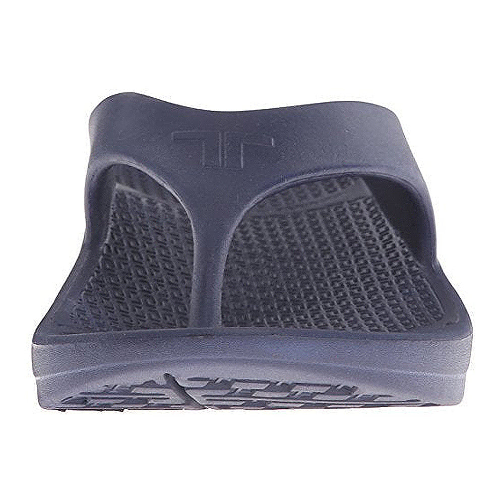 A close-up front view of a single Telic Footwear Energy Flip Flop - Unisex in navy blue, with arch support, a textured footbed, and thick upper strap, displayed on a white background.