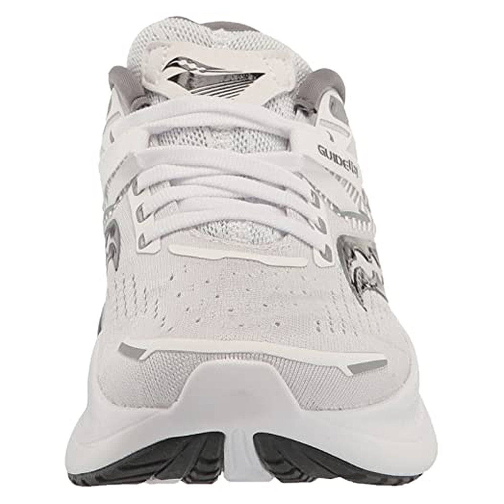 Front view of the Saucony Guide 16 Running Shoe - Womens in white with gray accents and mesh fabric, featuring black detailing on the sole and neat laces, showcasing its cushioned support for runners.