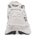 Front view of the Saucony Guide 16 Running Shoe - Womens in white with gray accents and mesh fabric, featuring black detailing on the sole and neat laces, showcasing its cushioned support for runners.