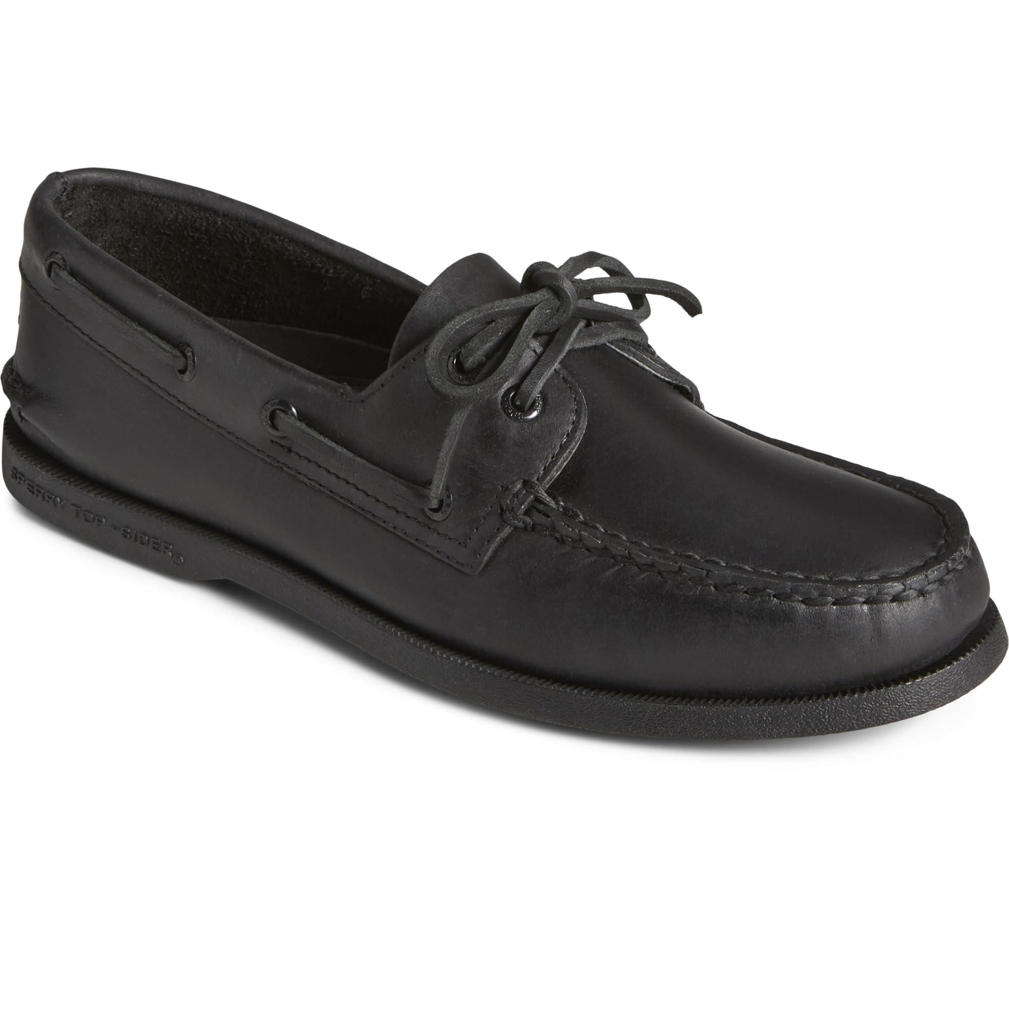 The Sperry A/O 2-EYE LEATHER Men’s shoe features black leather, a moc toe with visible stitching, bow-tied laces, and a low rubber sole for timeless casual style and comfort.