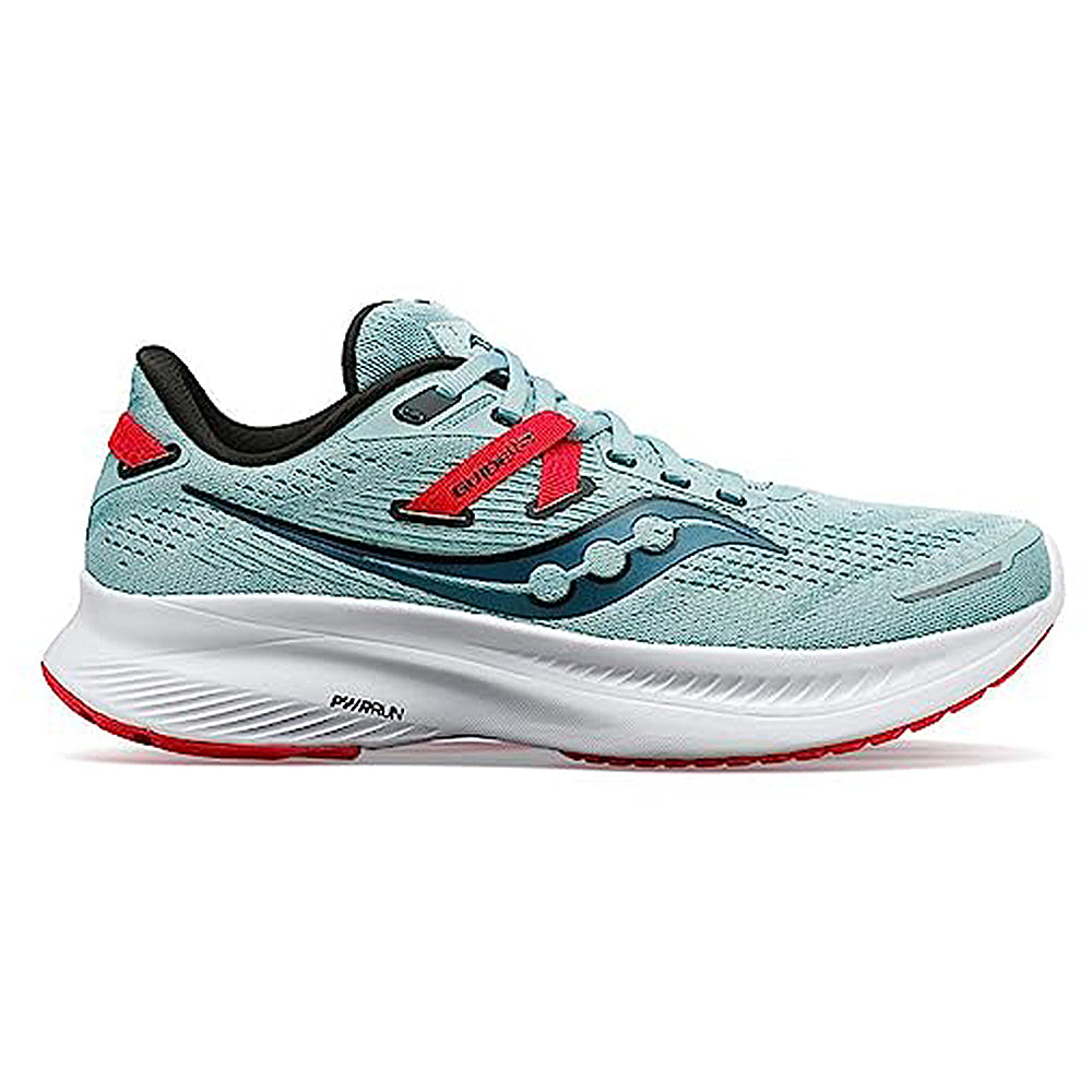 The Saucony Guide 16 Running Shoe - Womens features a breathable light blue mesh upper, red and navy accents, a supportive white cushioned sole, black interior lining, and a patterned outsole for traction.